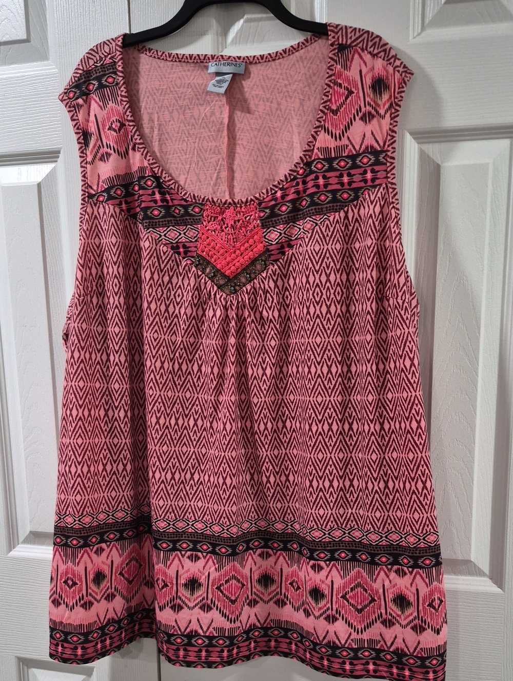 Catherines Pink and Black Geometric Embroidered Tank